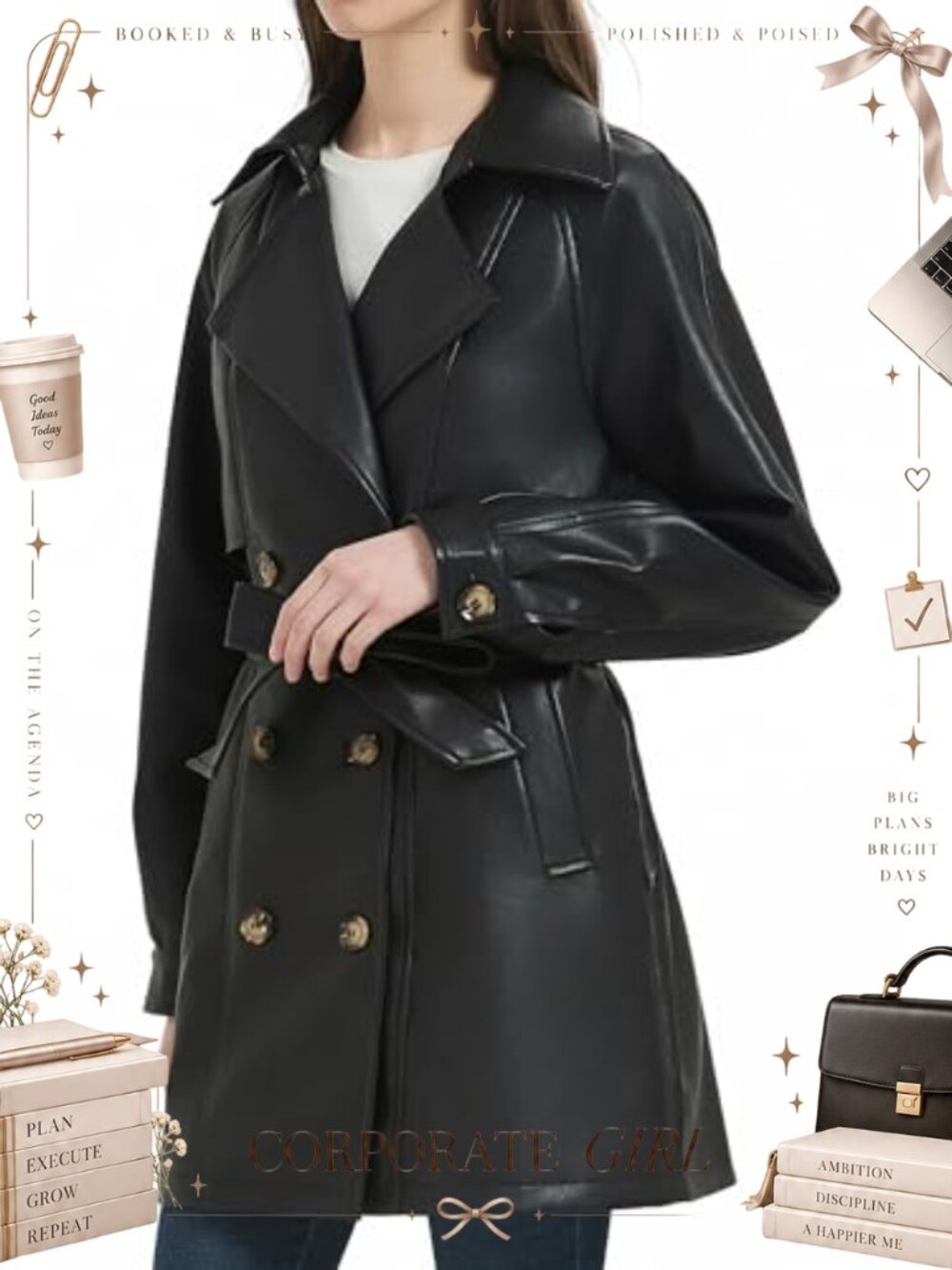 Faux Leather Mid Length Trench Coat Relaxed Fit Long Jacket